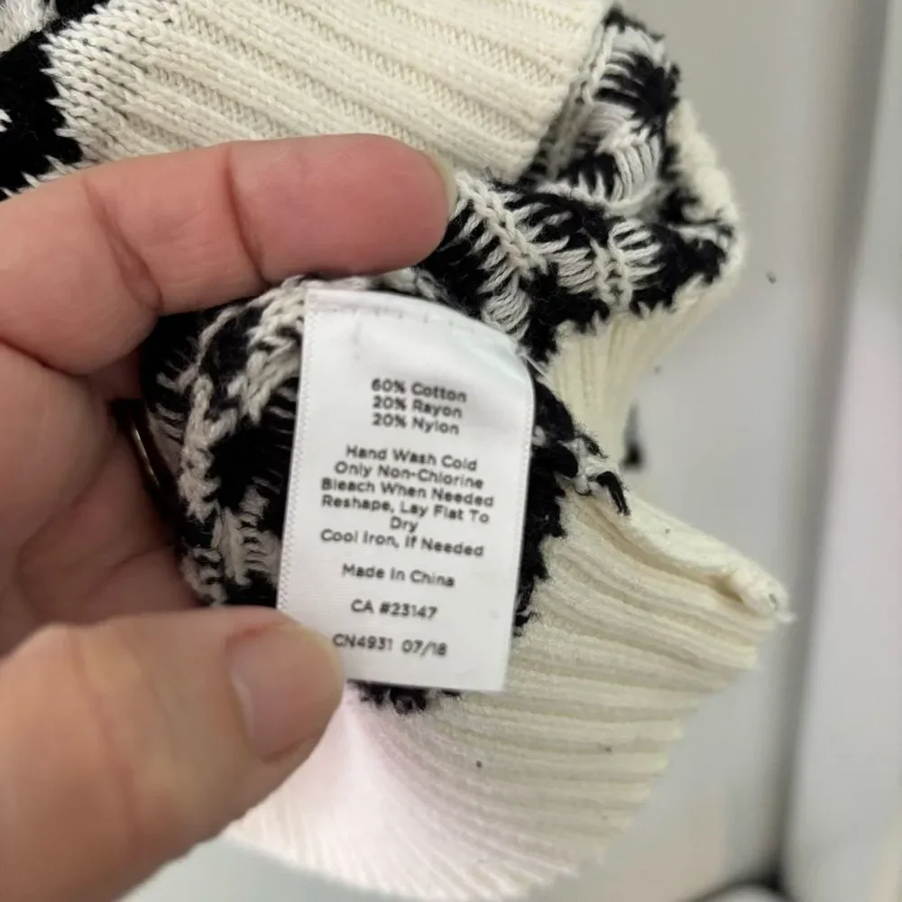 Talbots Petites Black White Geometric Knit Funnel Neck Button Sweater XLP